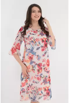 Rochie lejera din voal alb cu flori maxi corai imagine