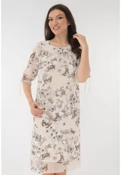 Rochie lejera din voal bej cu imprimeu cu fluturasi imagine