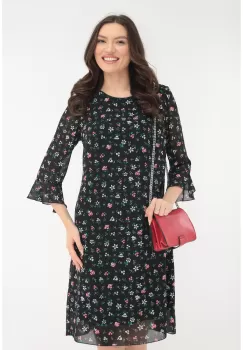 Rochie lejera din voal negru cu print floral multicolor imagine