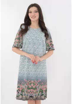 Rochie lejera gri cu imprimeu floral multicolor si tiv bordurat imagine