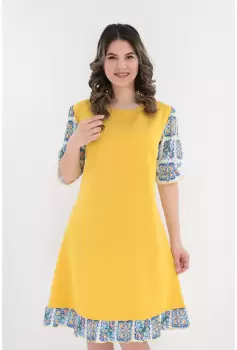 Rochie lejera mustar cu maneci si volane colorate imagine