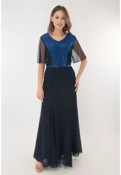 Rochie lunga din voal bleumarin cu insertie albastra din tulle cu paiete imagine