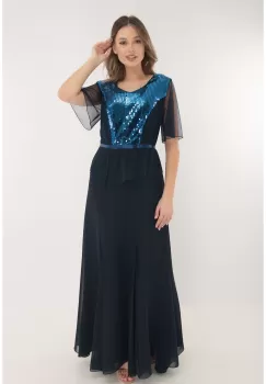 Rochie lunga din voal bleumarin cu platca frontala din paiete imagine