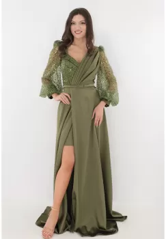 Rochie lunga eleganta olive din tafta imagine