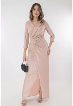 Rochie lunga roz-pudra din lurex cu strasuri si fronseuri imagine