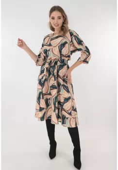 Rochie midi bej cu print abstract turcoaz imagine