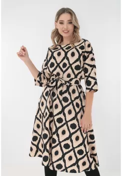 Rochie midi crem cu print geometric negru imagine