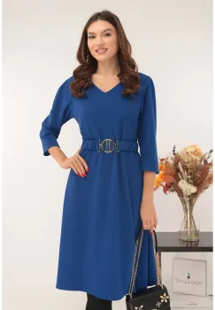 Rochie midi evazata albastra cu o curea in talie imagine