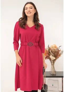 Rochie midi evazata roz-grenadine cu o curea in talie imagine