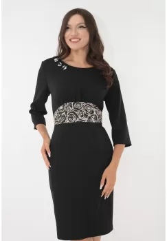 Rochie neagra cu insertii din brocart crem in talie imagine