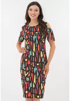 Rochie neagra cu print abstract multicolor si cu decupaje la maneci imagine