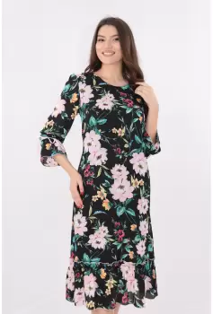 Rochie neagra cu print floral maxi multicolor imagine