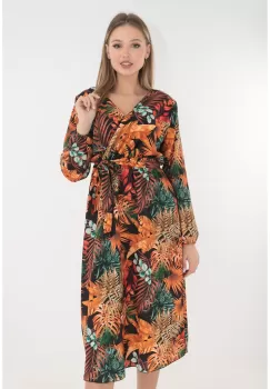 Rochie neagra cu print floral orange si decolteu parte peste parte imagine