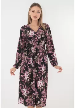 Rochie neagra cu print floral roz si decolteu parte peste parte imagine