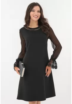 Rochie neagra de ocazie cu maneci din tulle si volane din dantela imagine