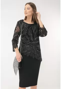 Rochie neagra de ocazie din stofa si tulle cu broderie florala argintie imagine