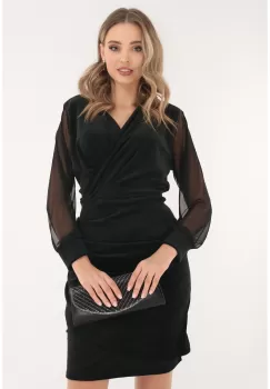 Rochie neagra din catifea cu fronseuri si decolteu parte peste parte imagine