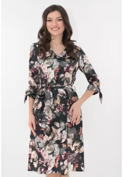 Rochie neagra din satin cu imprimeu floral si cordon in talie imagine