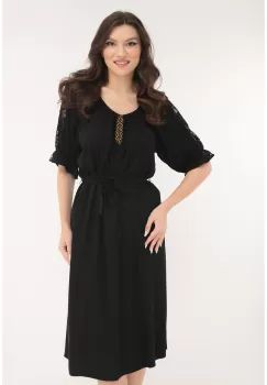 Rochie neagra lejera cu insertii de dantela pe maneci imagine