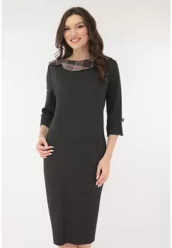 Rochie office antracit cu guler din stofa in carouri bordo imagine