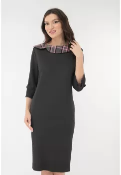 Rochie office antracit cu guler din stofa in carouri roz imagine