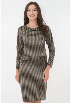 Rochie office bej cu imprimeu tip picior de cocos imagine