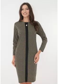 Rochie office bej cu imprimeu tip picior de cocos si brosa imagine