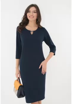 Rochie office bleumarin cu accesoriu argintiu la decolteu imagine