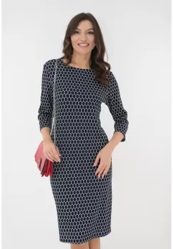 Rochie office bleumarin cu model hexagonal alb imagine