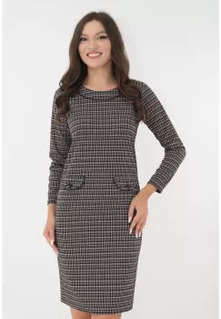 Rochie office cu imprimeu in carouri mici negre si crem imagine