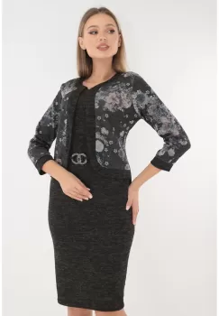 Rochie office din jerse antracit cu print floral si aspect de costum imagine