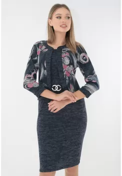 Rochie office din jerse bleumarin cu print abstract si aspect de costum imagine