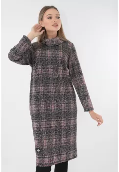 Rochie office din jerse cu imprimeu in carouri negre-roz imagine