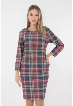 Rochie office din jerse cu print in carouri roz-bleumarin imagine