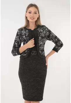 Rochie office din jerse negru cu print floral si aspect de costum imagine