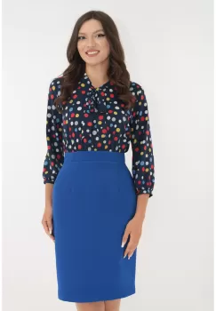 Rochie office din stofa albastra si voal cu imprimeu cu buline imagine