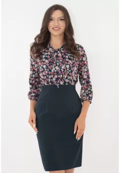 Rochie office din stofa bleumarin si voal cu imprimeu floral imagine