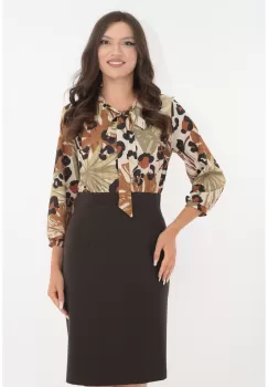 Rochie office din stofa maro si voal cu imprimeu floral imagine