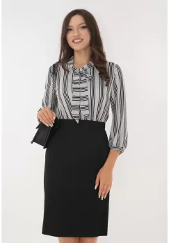 Rochie office din stofa neagra si voal cu imprimeu cu dungi imagine