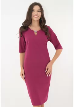 Rochie office fucsia cu accesoriu argintiu la decolteu imagine