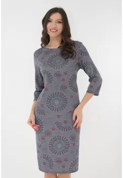 Rochie office gri din jerse cu print floral roz imagine