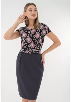 Rochie office mov cu print floral si cordon in talie imagine