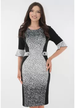 Rochie office neagra cu insertii albe cu buline negre imagine