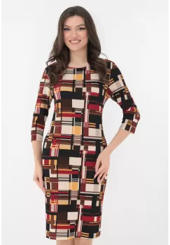 Rochie office neagra cu model geometric bordo-alb imagine