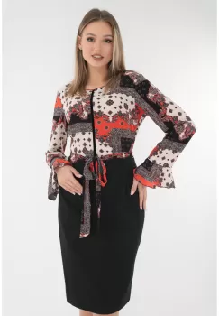 Rochie office neagra cu print alb-caramiziu imagine