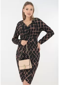 Rochie office neagra cu romburi maro imprimate imagine