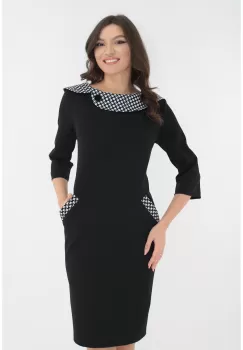 Rochie office neagra cu stofa cu model geometric la guler si buzunare imagine