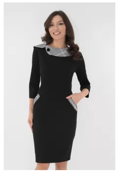 Rochie office neagra cu stofa in carouri la guler si buzunare imagine