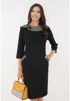 Rochie office neagra cu stofa pepit la guler si buzunare imagine
