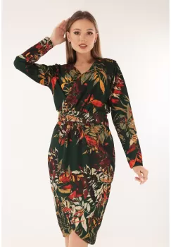 Rochie office verde cu print floral caramiziu imagine